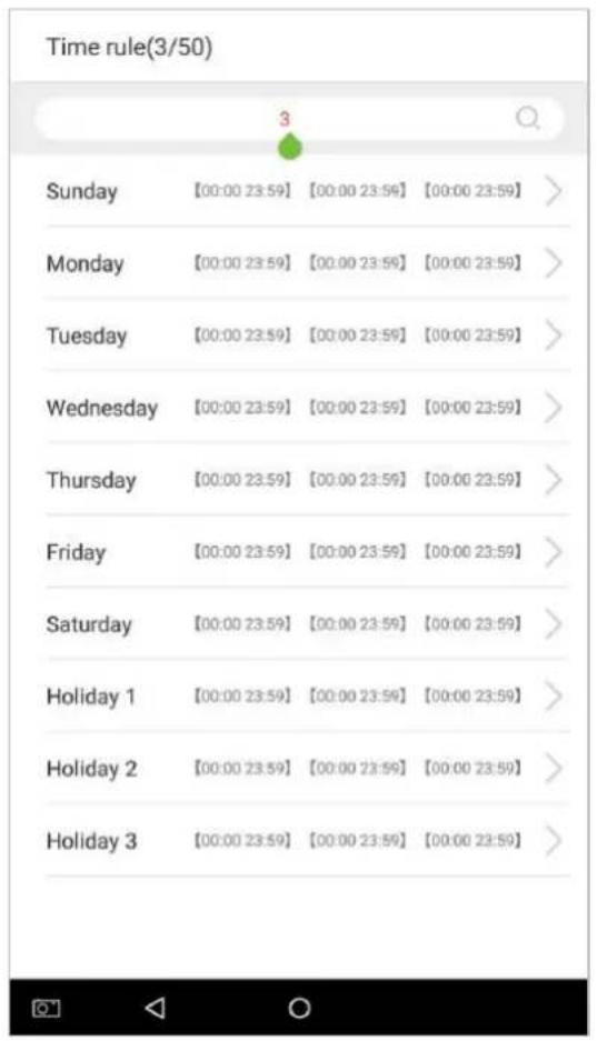 Time rule(3/50) Sunday [00:00 23:59] [00:00 23:59] [00:00 23:59] > Monday [00:00 23:59] [00:00 23:59] [00:00 23:59] > Tuesday [00:00 23:59] [00:00 23:59] [00:00 23:59] > Wednesday [00:00 23:59] [00:00 23:59] [00:00 23:59] > Thursday [00:00 23:59] [00:00 23:59] [00:00 23:59] > Friday [00:00 23:59] [00:00 23:59] [00:00 23:59] > Saturday [00:00 23:59] [00:00 23:59] [00:00 23:59] > Holiday 1 [00:00 23:59] [00:00 23:59] [00:00 23:59] > Holiday 2 [00:00 23:59] [00:00 23:59] [00:00 23:59] > Holiday 3 [00:00 23:59] [00:00 23:59] [00:00 23:59]