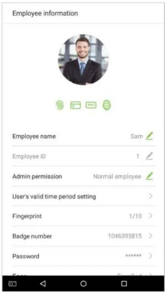 Employee information Employee name Sam Employee ID 1 Admin permission Normal employee User's valid time period setting > Fingerprint 1/10 > Badge number 1046395815 > Password ***** > Finish Email