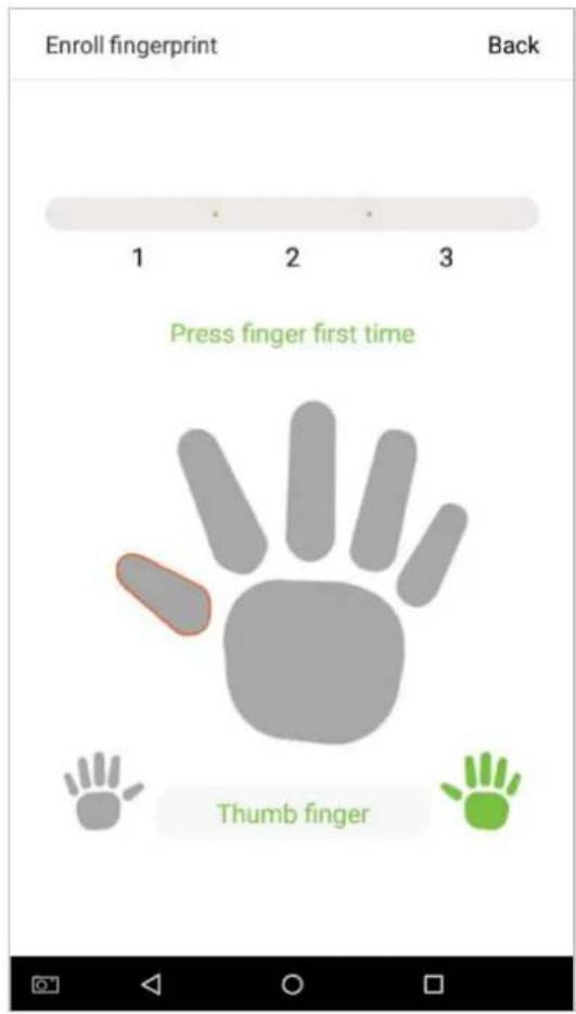 Enroll fingerprint Back 1 2 3 Press finger first time Thumb finger
