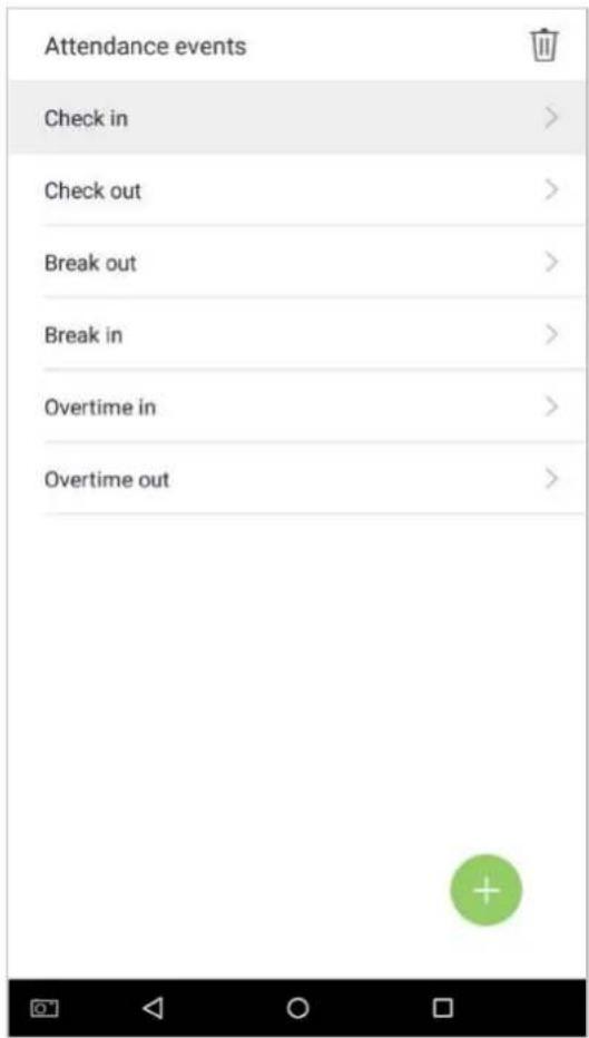 Attendance events Check in > Check out > Break out > Break in > Overtime in > Overtime out >