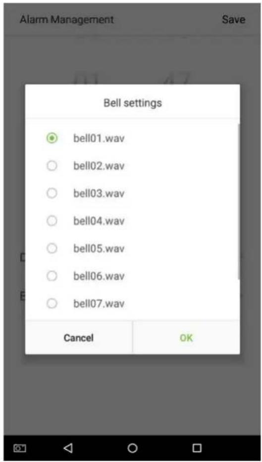 Alarm Management Save Bell settings bell01.wav bell02.wav bell03.wav bell04.wav bell05.wav bell06.wav bell07.wav Cancel OK