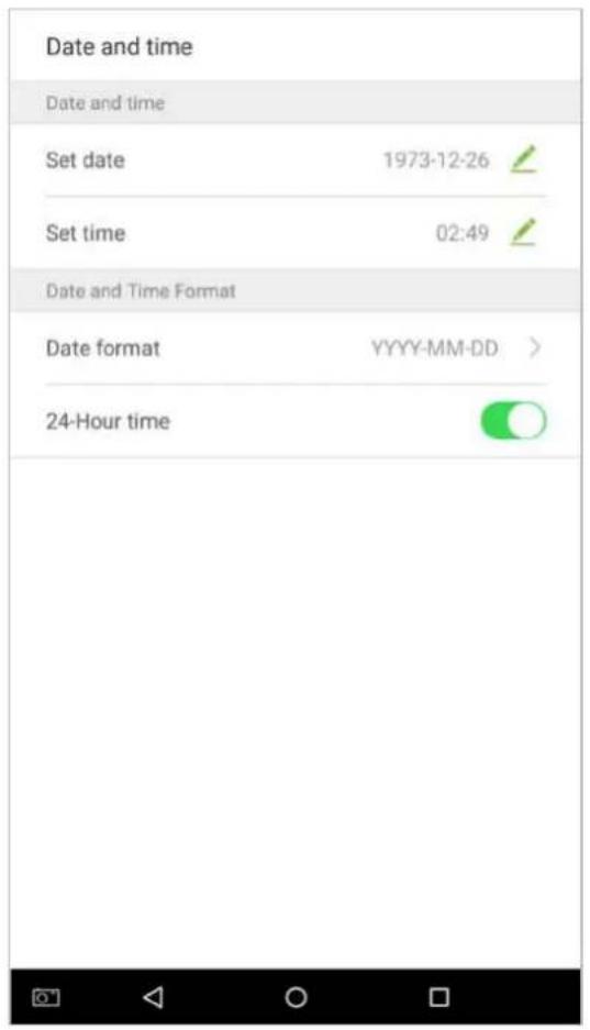 Date and time Date and time Set date 1973-12-26 Set time 02:49 Date and Time Format Date format YYYY-MM-DD > 24-Hour time