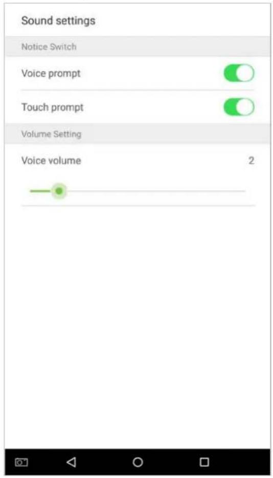 Sound settings Notice Switch Voice prompt Touch prompt Volume Setting Voice volume 2