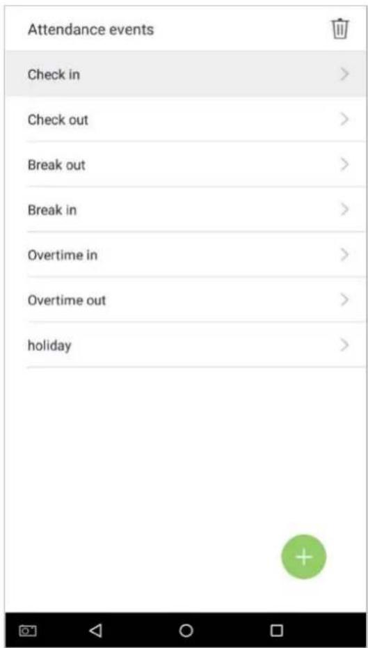 Attendance events Check in > Check out > Break out > Break in > Overtime in > Overtime out > holiday >