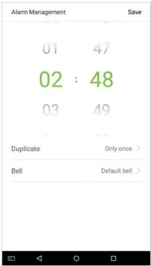 Alarm Management Save 01 47 02 : 48 03 49 Duplicate Only once > Bell Default bell >