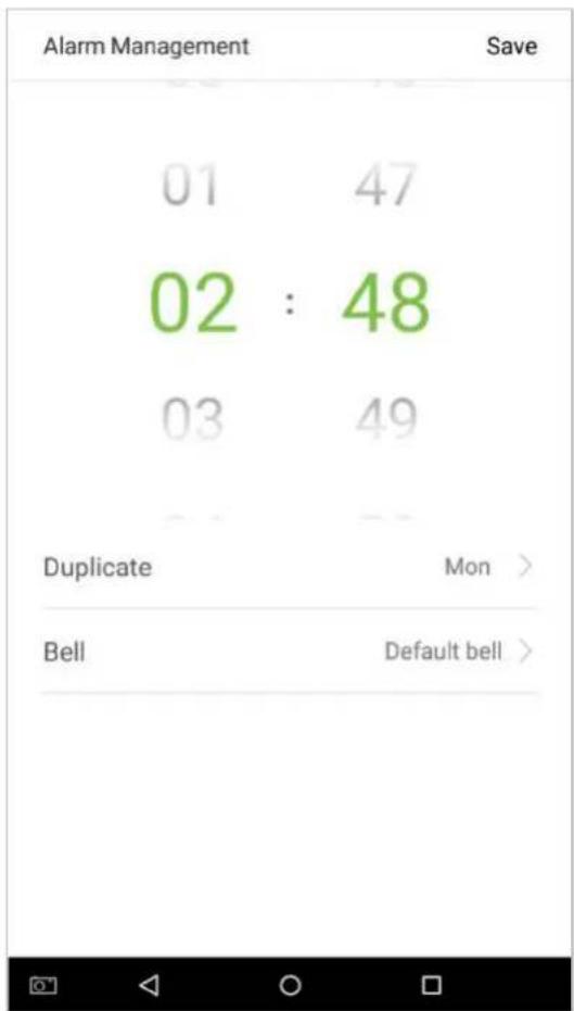 Alarm Management Save 01 47 02 : 48 03 49 Duplicate Mon > Bell Default bell >