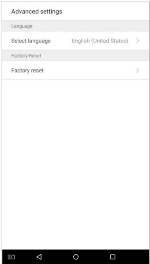 Advanced settings Language Select language English (United States) > Factory Reset Factory reset >