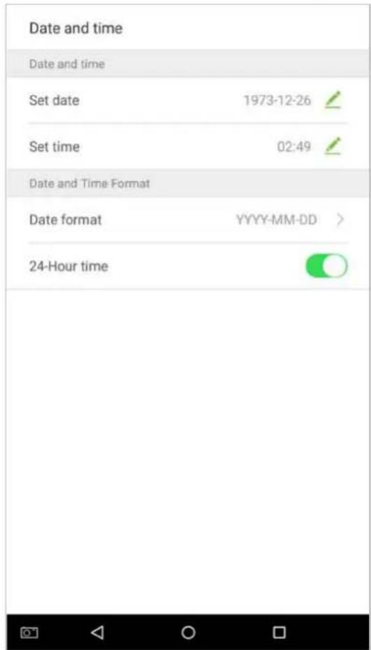 Date and time Date and time Set date 1973-12-26 Set time 02:49 Date and Time Format Date format YYYY-MM-DD > 24-Hour time