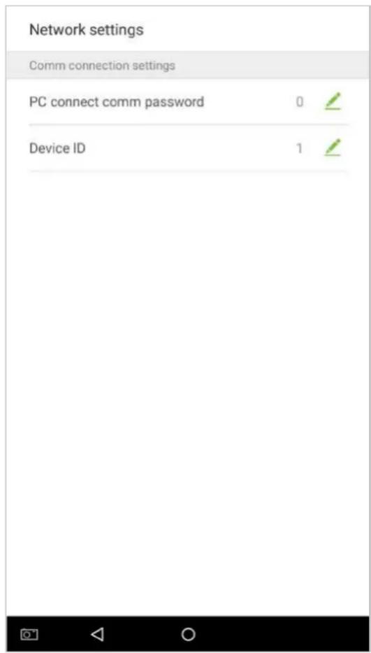 Network settings Comm connection settings PC connect comm password 0 ✓ Device ID 1 ✓