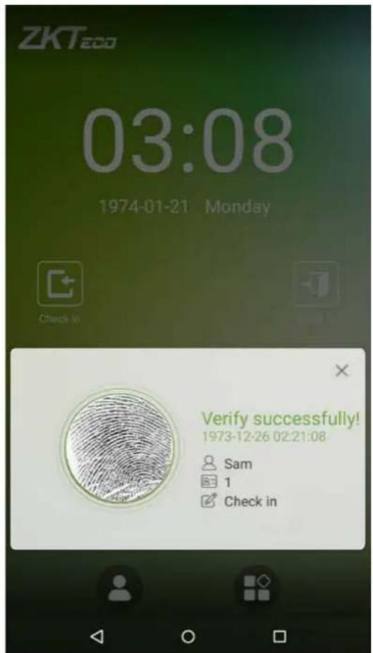 ZKTeco 03:08 1974-01-21 Monday Check in Verify successfully! 1973-12-26 02:21:08 Sam 1 Check in