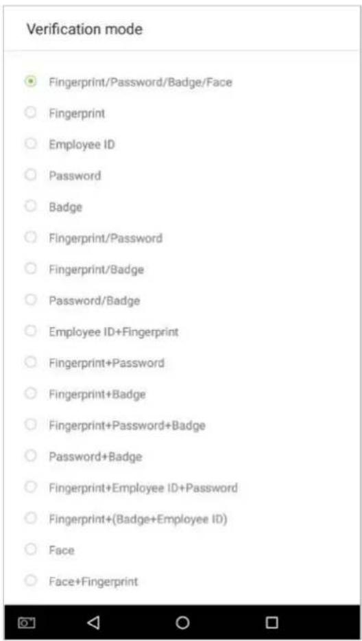 Verification mode Fingerprint/Password/Badge/Face Fingerprint Employee ID Password Badge Fingerprint/Password Fingerprint/Badge Password/Badge Employee ID+Fingerprint Fingerprint+Password Fingerprint+Badge Fingerprint+Password+Badge Password+Badge Fingerprint+Employee ID+Password Fingerprint+(Badge+Employee ID) Face Face+Fingerprint