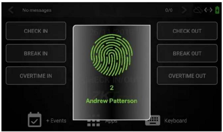 No messages CHECK IN BREAK IN OVERTIME IN 2 Andrew Patterson CHECK OUT BREAK OUT OVERTIME OUT + Events Apps Keyboard