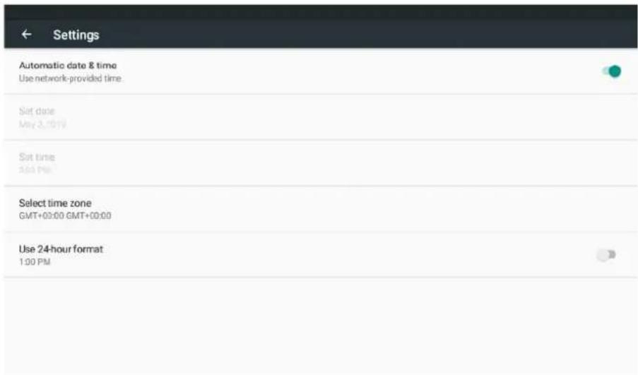 Settings Automatic date & time Use network-provided time. Set date May 3, 10:19 Set time 4:00 PM. Select time zone GMT+00:00 GMT+00:00 Use 24-hour format 1:00 PM