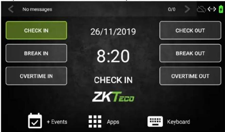 No messages CHECK IN BREAK IN OVERTIME IN 26/11/2019 8:20 CHECK IN ZKTeco + Events Apps Keyboard