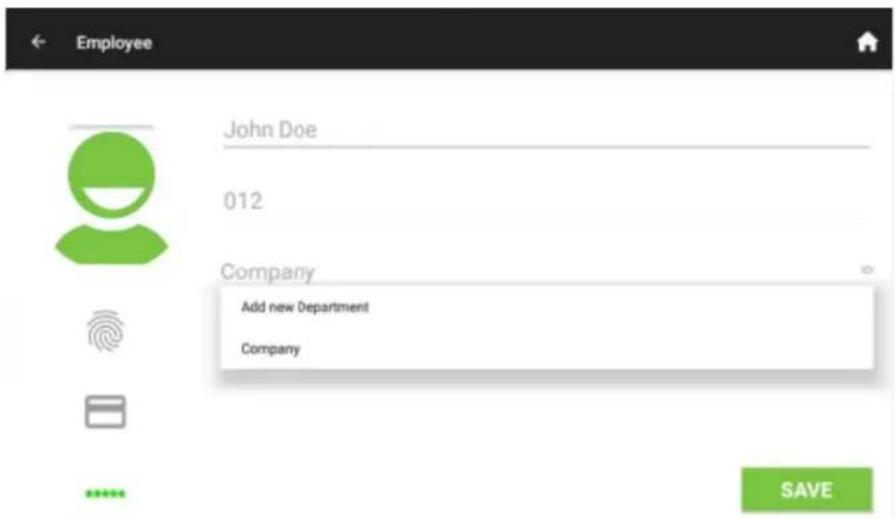 Employee John Doe 012 Company Add new Department Company SAVE