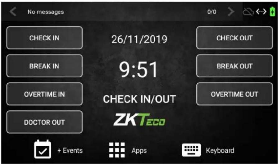No messages CHECK IN BREAK IN OVERTIME IN DOCTOR OUT 26/11/2019 9:51 CHECK IN/OUT ZKTeco + Events Apps Keyboard