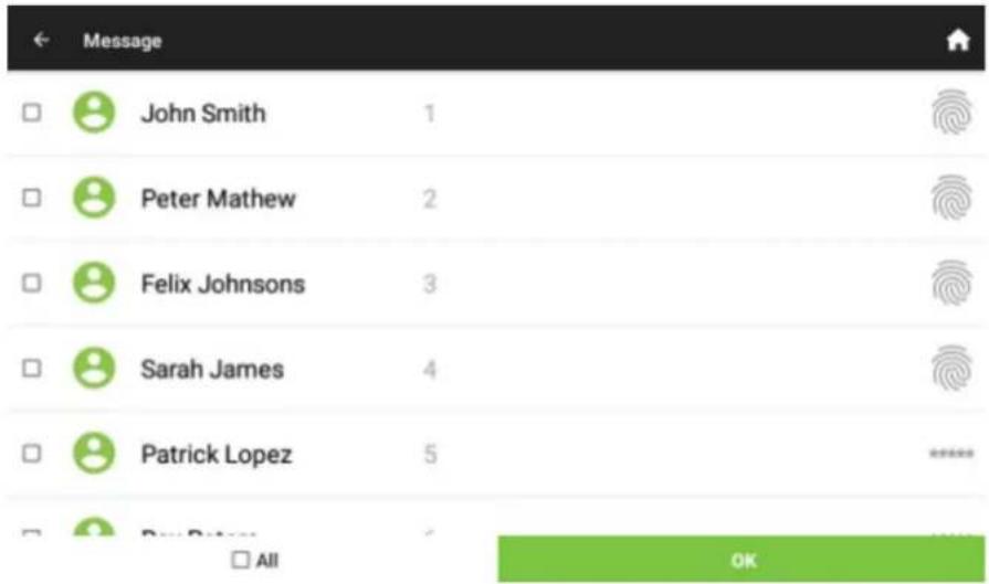Message John Smith 1 Peter Mathew 2 Felix Johnsons 3 Sarah James 4 Patrick Lopez 5 All OK