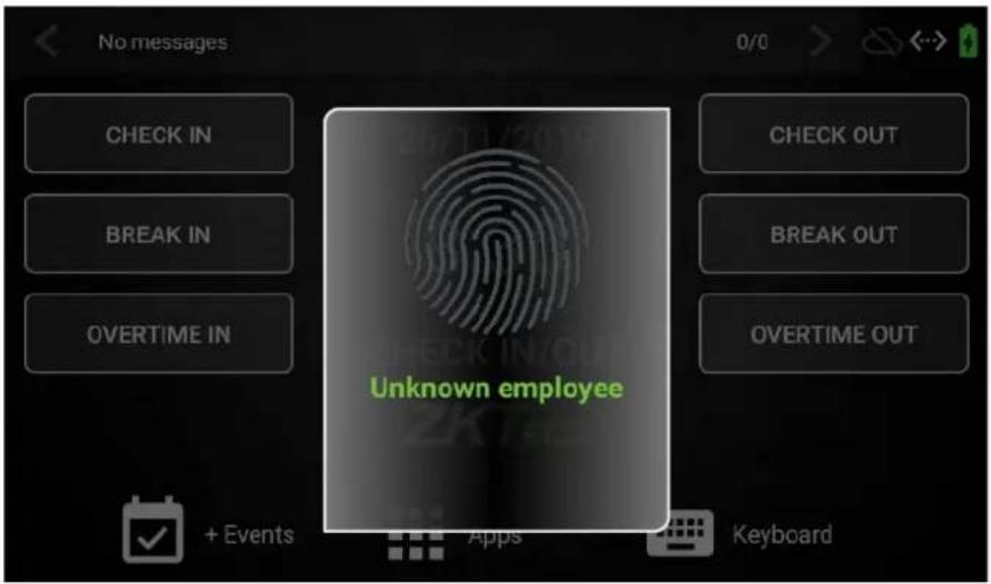 No messages CHECK IN BREAK IN OVERTIME IN Unknown employee CHECK OUT BREAK OUT OVERTIME OUT + Events Apps Keyboard