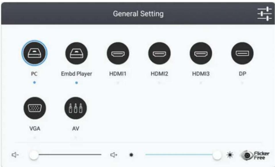 General Setting PC Embed Player HDMI1 HDMI2 HDMI3 DP VGA AV Flicker Free