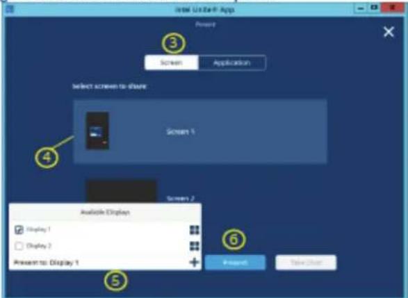 Intel U-234 App Present Screen Application Select screen to share Screen 1 Screen 2 Available Display Display 1 Display 2 Answer to Display 1 + Referent Save Under