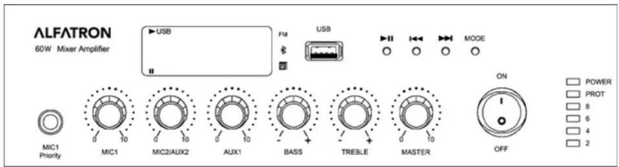 ALFATRON 60W Mixer Amplifier USB FM USB MODE MIC1 Priority MIC1 MIC2/AUX2 AUX1 BASS TREBLE MASTER ON POWER PROT 8 6 4 2 OFF