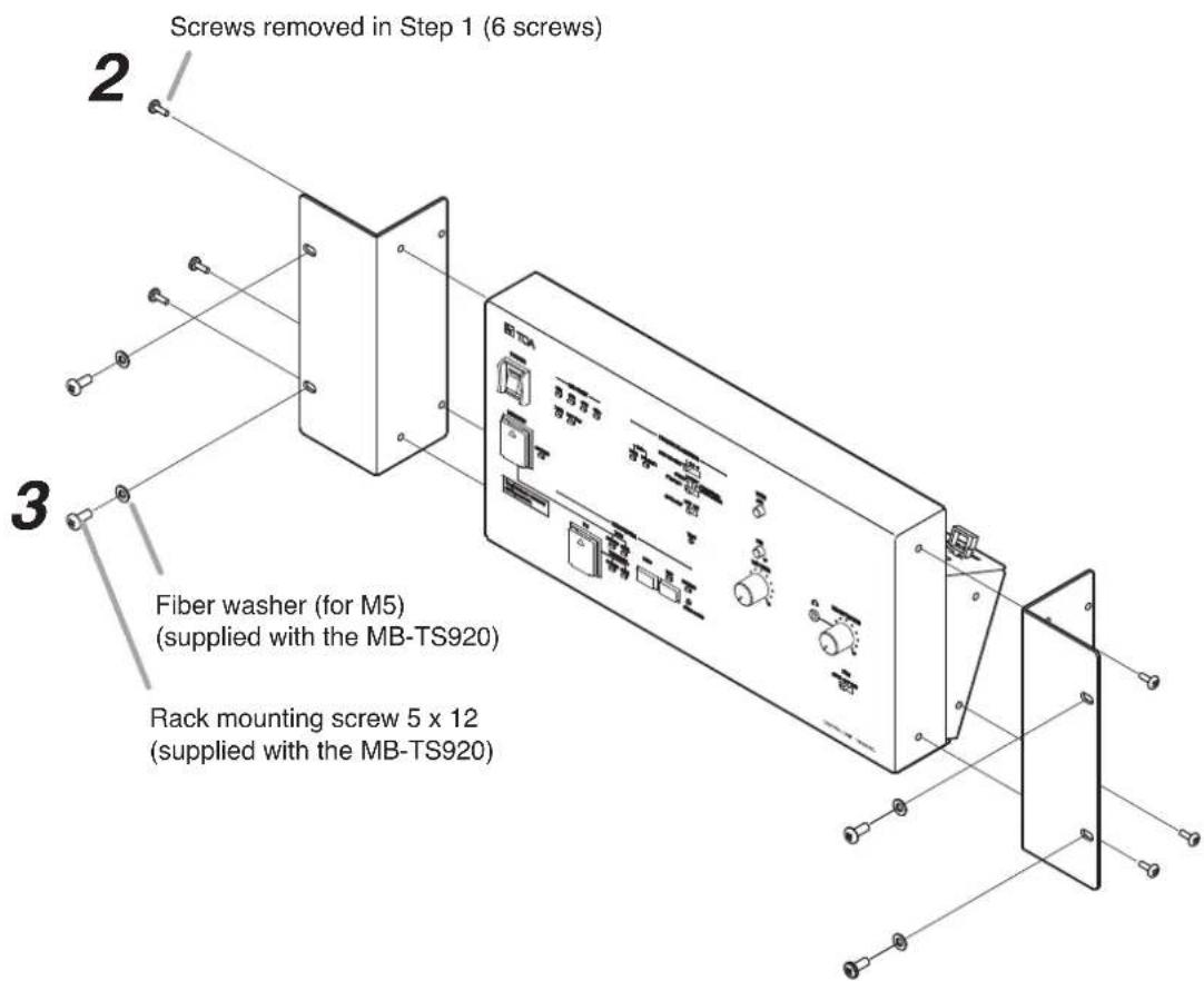 Screws removed in Step 1 (6 screws) 2 3 Fiber washer (for M5) (supplied with the MB-TS920) Rack mounting screw 5 x 12 (supplied with the MB-TS920)