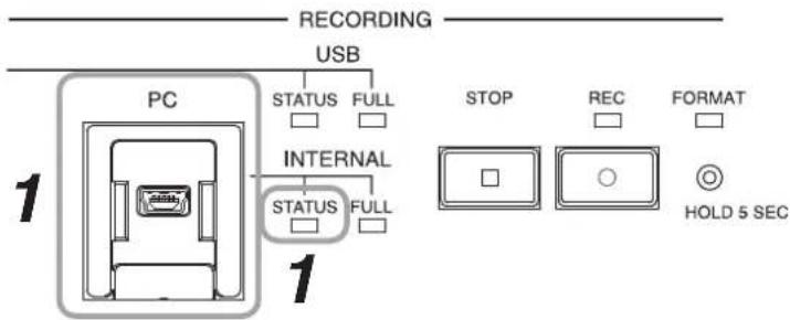 RECORDING USB PC STATUS FULL 1 INTERNAL STATUS FULL 1 STOP REC FORMAT HOLD 5 SEC