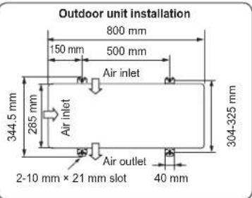Outdoor unit installation 800 mm 150 mm 500 mm Air inlet 344.5 mm 285 mm Air inlet 304-325 mm Air outlet 2-10 mm × 21 mm slot 40 mm