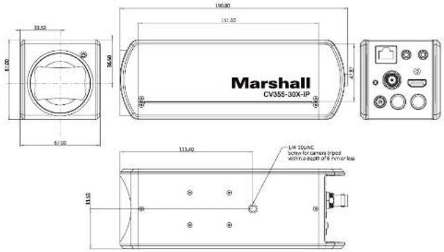 Marshall CV355-30X-IP 190.80 181.32 4.87 113.40 1/4 20NC screen for camera tripod with a depth of 6 mm or less 36.60 32.50 57.00 31.50 31.50