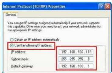 Internet Protocol (TCP/IP) Properties General You can get IP settings assigned automatically if your network supports this capability. Otherwise, you need to ask your network administrator for the appropriate IP settings. Obtain an IP address automatically Use the following IP address: IP address: 132 .168 .100 .101 Subnet mask: 255 .255 .255 .0 Default gateway: 132 .168 .100 .1