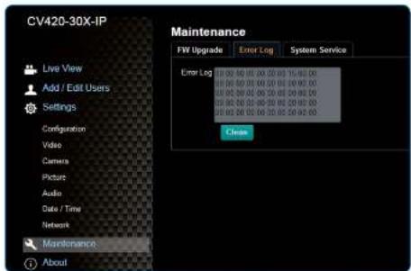 CV420-30X-IP Live View Add / Edit Users Settings Configuration Video Camera Picture Audio Date / Time Network Maintenance About Maintenance FW Upgrade Error Log System Service Error Log 15:00 00:00 00:00 00:00 15:00 00 15:00 00:00 00:00 00:00 15:00 00 15:00 00:00 00:00 00:00 15:00 00 15:00 00:00 00:00 00:00 15:00 00.00 15:00 00:00 01:00 01:00 01:00 15:00 01.00 15:00 01:00 01:00 01:00 15:00 01.00 15:00 02:00 02:00 02:00 15:00 02.00 Clean