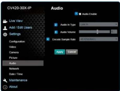 CV420-30X-IP Live View Add / Edit Users Settings Configuration Video Camera Picture Audio Network Date / Time Maintenance About Audio Audio Enable Audio in Type Line In Audio Volume 4 Encode Sample Rate 41 MHz/AAC Apply Cancel