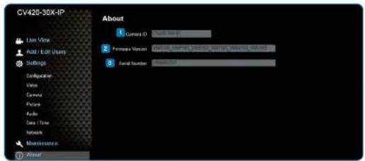 CV420-30X-IP Live View Auto-Boat Usage Settings Configuration View Camera Picture Audio Data Time Networks Maintenance After About 1 Camera ID 2 Portable Version 3 Serial Number