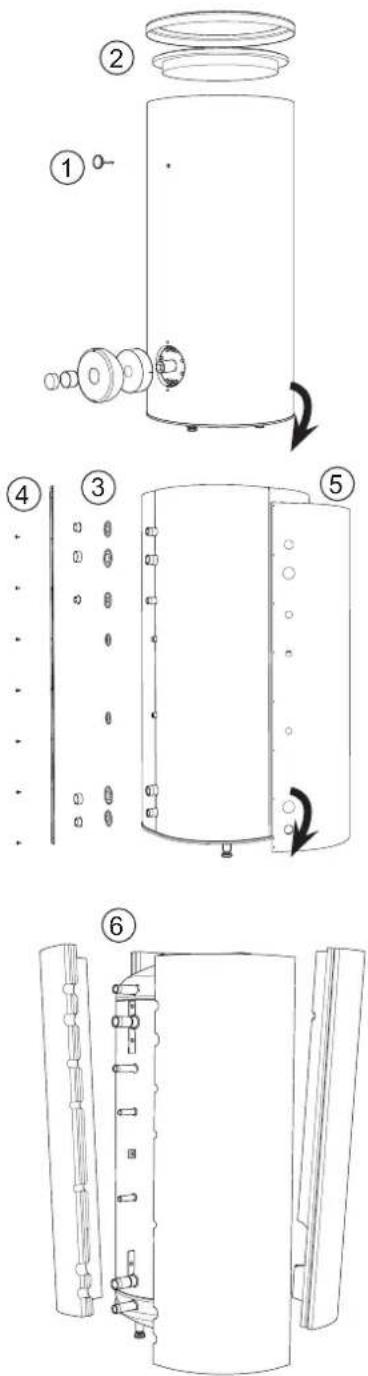 Technical diagram showing six sequential steps of a cylindrical device with labeled components and directional arrows indicating motion.