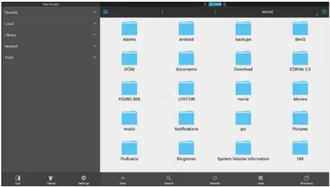 Fast Access Local Library Network Tools Alarms Android backups BenQ DCIM documents Download EZWrite 2.0 FOUND.000 LOST.DIR movie Movies music Notifications pic Pictures Podcasts Ringtones System Volume Information UM Add Theme Settings New Search Refresh View Windows