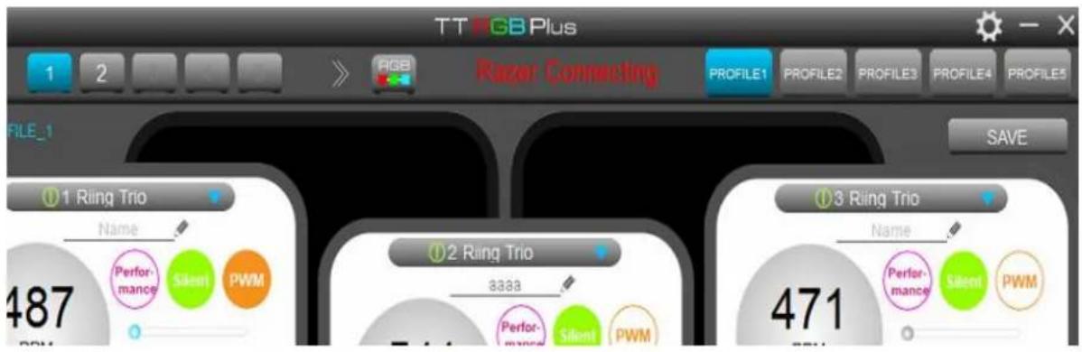 TT GB Plus RGB Razer Connecting PROFILE1 PROFILE2 PROFILE3 PROFILE4 PROFILE5 FILE_1 SAVE 1 Ring Trio Name Performance Silent PWM 487 2 Ring Trio 8383 Performance Silent PWM 3 Ring Trio Name Performance Silent PWM 471