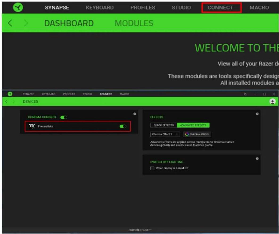SYNAPSE KEYBOARD PROFILES STUDIO CONNECT MACRO DASHBOARD MODULES WELCOME TO THE View all of your Razer de These modules are tools specifically design All installed modules a SYNAPSE KEYBOARD PROFILES STUDIO CONNECT MACRO DEVICES CHROMA CONNECT Thermaltake EFFECTS QUICK EFFECTS ADVANCED EFFECTS Chroma Effect 1 CHIKOMA STUDIO Advanced effects are applied across multiple Razer Chroma-enabled devices globally and are not saved to device profile. SWITCH OFF LIGHTING When display is turned Off CHROMA CONNECT