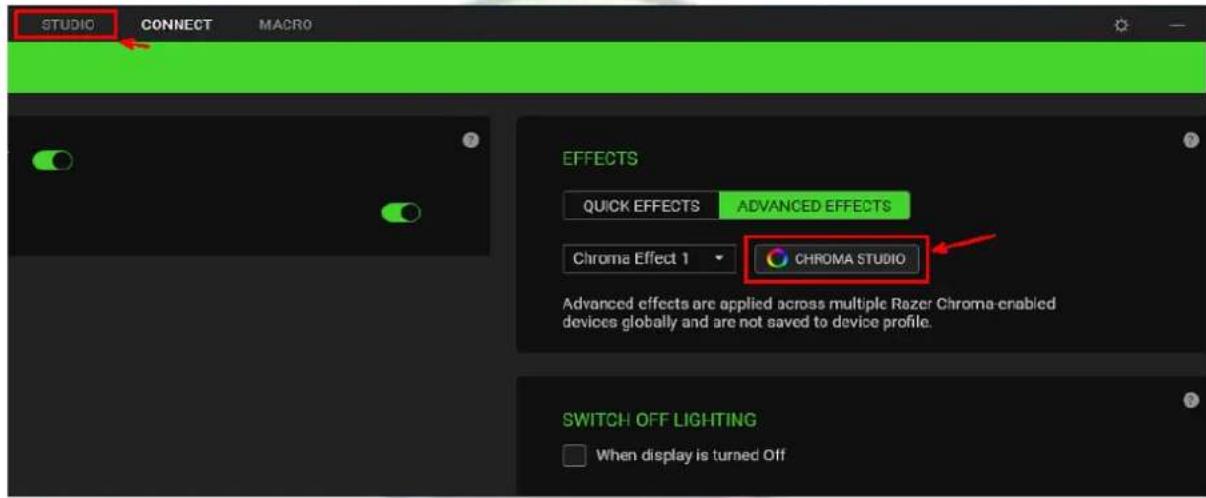 STUDIO CONNECT MACRO EFFECTS QUICK EFFECTS ADVANCED EFFECTS Chroma Effect 1 CHROMA STUDIO Advanced effects are applied across multiple Razer Chroma-enabled devices globally and are not saved to device profile. SWITCH OFF LIGHTING When display is turned Off