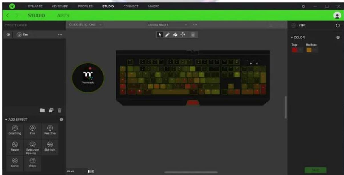 SYNAPISE KEYBOARD PROFILES STUDIO CONNECT MAGRO STUDIO APPS EFFECT LAYER QUICK SELECTIONS Drama Effect 1 Fire Themsula ADD EFFECT Breathing Fire Reactive Ripple Spectrum Starlight Static Wave FIRE COLOR Top Bottom Take