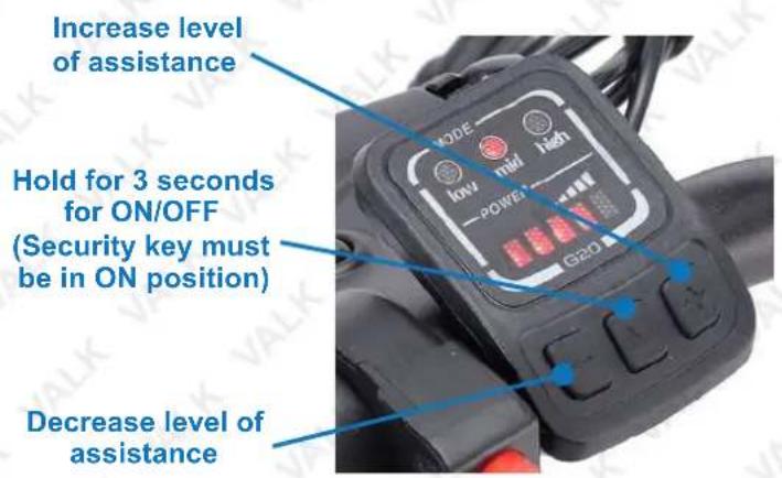 Increase level of assistance Hold for 3 seconds for ON/OFF (Security key must be in ON position) Decrease level of assistance