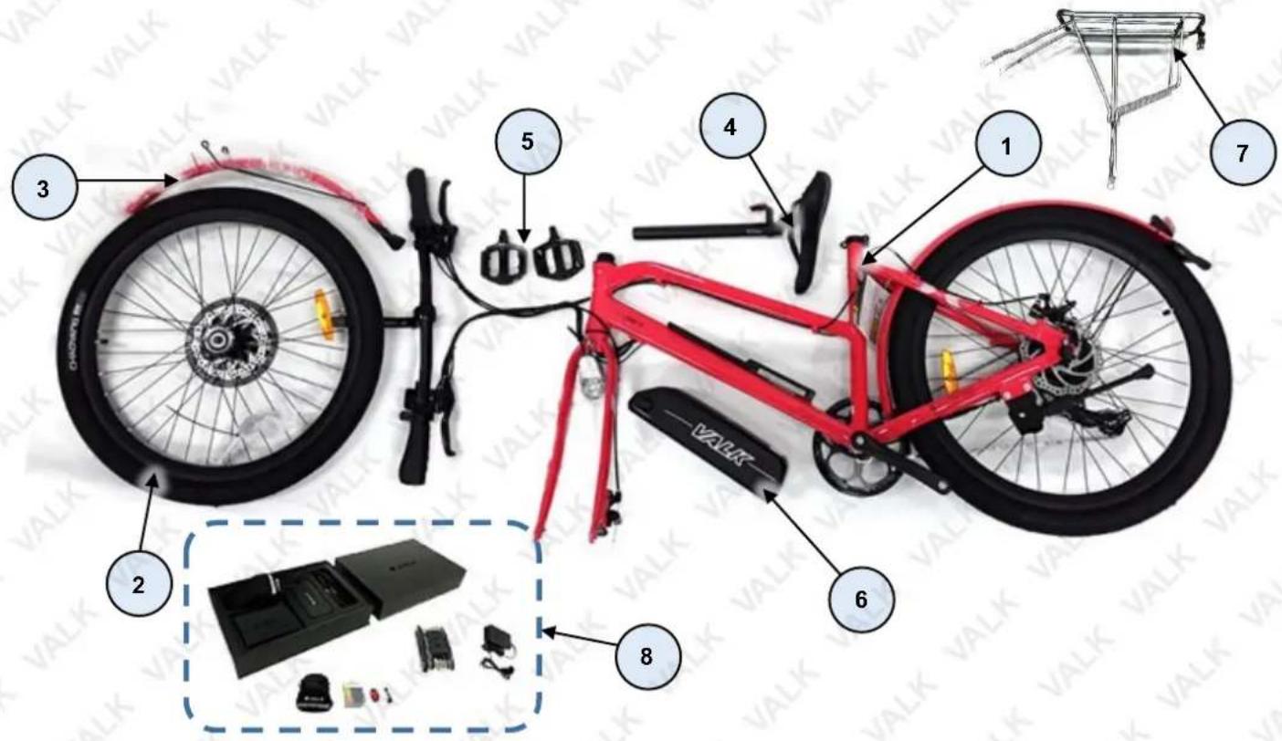 Diagram of a red VALK bicycle with numbered parts and internal components, including battery pack, rear rack, and front wheel.