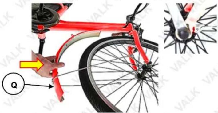 Diagram showing bicycle wheel assembly with labeled components and a hand holding a red cable, alongside a close-up of the wheel assembly.