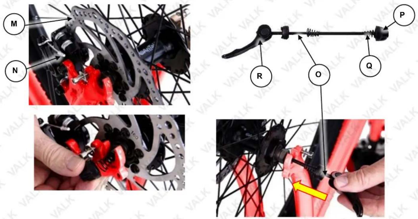 Technical diagram showing bicycle wheel assembly with labeled parts (M, N, R, O, Q, P) and a highlighted tool for assembly.