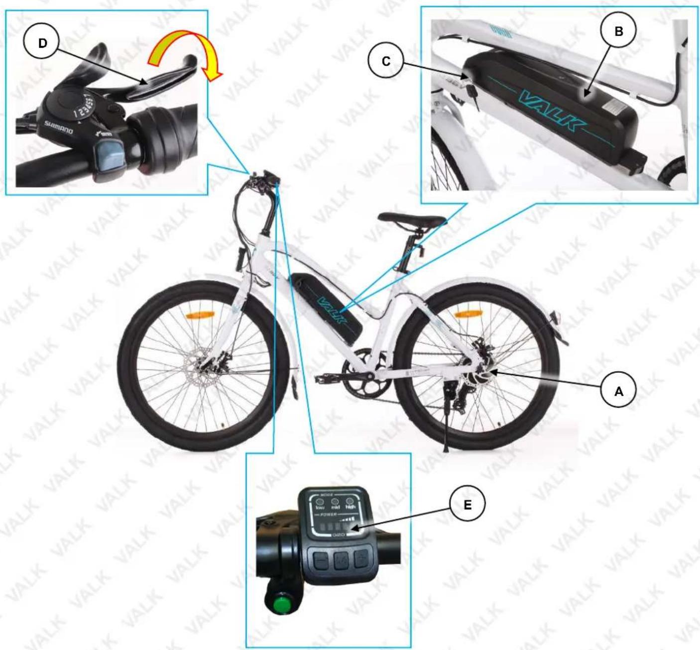 Diagram of a white electric bike with labeled components including sensors, battery pack, and power control interface.