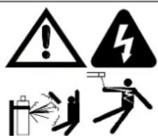 Safety warning symbols including warning triangle, lightning bolt, and safety instruction with spray bottle