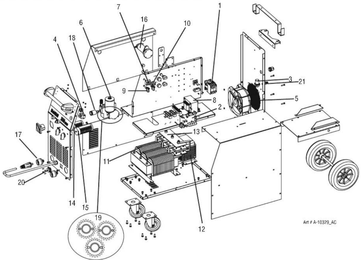 Technical diagram of an electronic device with numbered components and gear mechanism, labeled Art # A-10329_AC