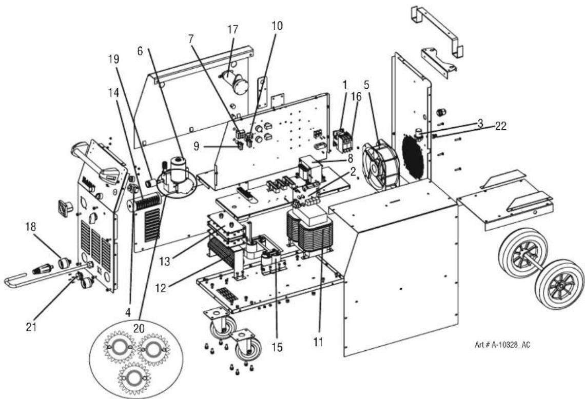 Technical diagram of an electronic device with numbered components and gear mechanisms, labeled Art # A-10328_AC
