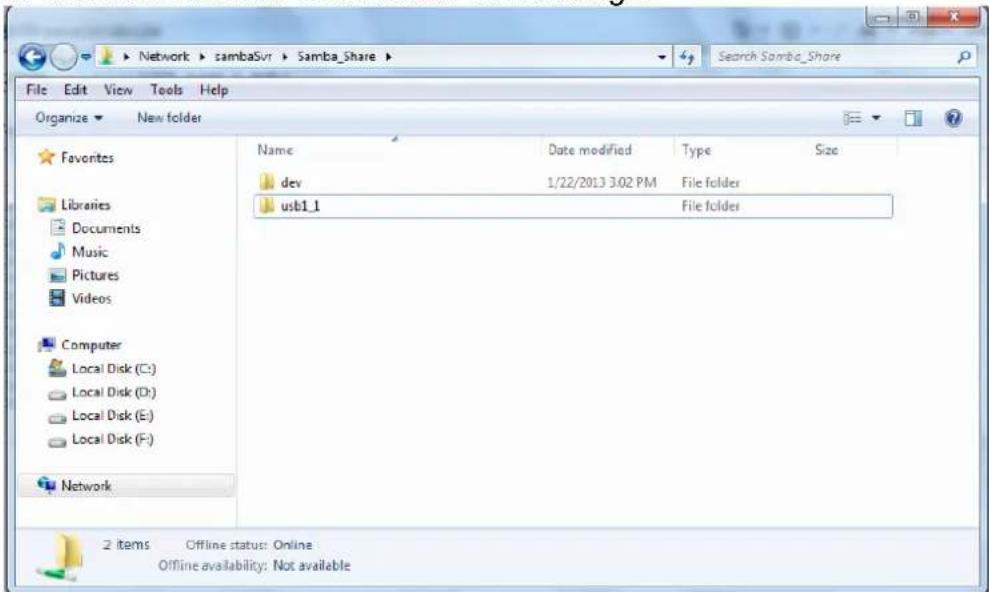 File Edit View Tools Help Organize New folder Favorites Libraries Documents Music Pictures Videos Computer Local Disk (C:) Local Disk (D:) Local Disk (E:) Local Disk (F:) Network Name Date modified Type Size dev 1/22/2013 3:02 PM File folder usb1_1 File folder 2 items Offline status: Online Offline availability: Not available