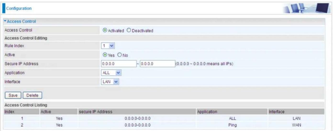 Configuration Access Control Access Control Activated Deactivated Access Control Editing Rule Index 1 Active Yes No Secure IP Address 0.0.0.0 ~ 0.0.0.0 (0.0.0.0 ~ 0.0.0.0 means all IPs) Application ALL Interface LAN Save Delete Access Control Listing Index Active secure IP Address Application Interface 1 Yes 0.0.0.0-0.0.0.0 ALL LAN 2 Yes 0.0.0.0-0.0.0.0 Ping WAN