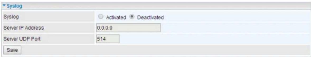 Syslog Syslog ○ Activated ● Deactivated Server IP Address 0.0.0.0 Server UDP Port 514 Save